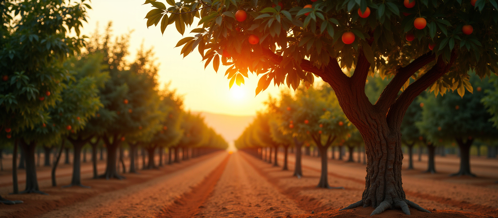 Sunlit kumquat orchard rows at sunset