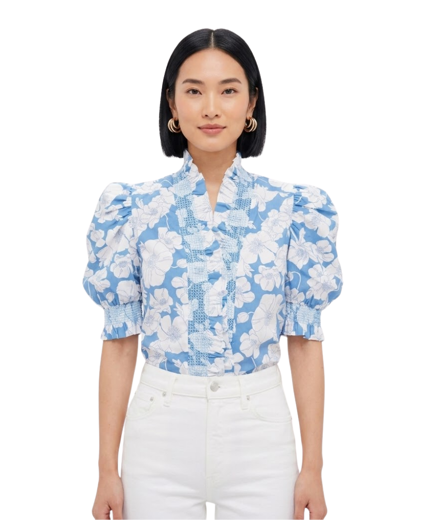 Blue Floral Ruffle Neck Aria Blouse