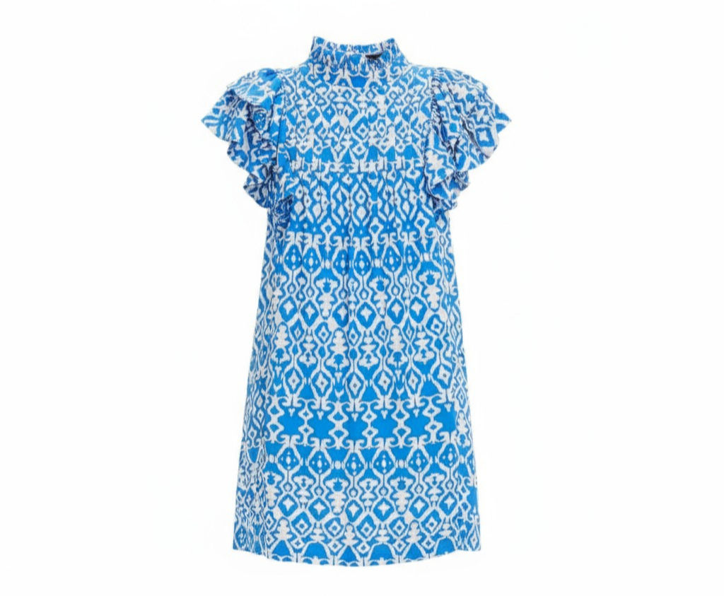 Blue & White Geo Ruffle Sleeve Simmons Mini Dress