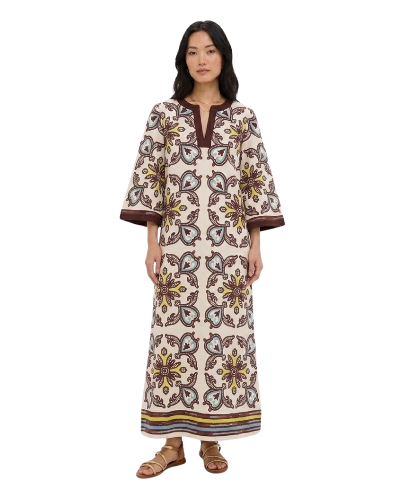 Citron and Slate Blue Embroidered Lorena Caftan