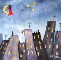 Illustration aquarelle de chats perchés sur des toits qui écoutent la fée de la musique qui joue de la harpe avec la lune