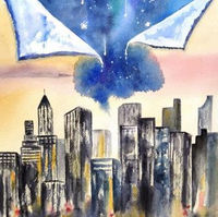 aquarelle surréaliste de la nuit qui tombe sur la ville, le ciel se déchire et laisse tomber les étoiles