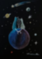 Watercolor of two cats sitting on a planet and contemplating the cosmos