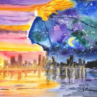 Peinture d'illustration représentant une fée qui amène la nuit sur la ville dans son manteau