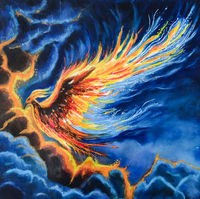 Peinture de l'oiseau mythique le poenix dans un ciel surréaliste nocture nuageux