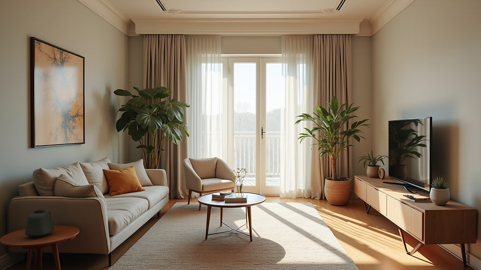 Wide angle view of a cozy living room with energy-efficient appliances