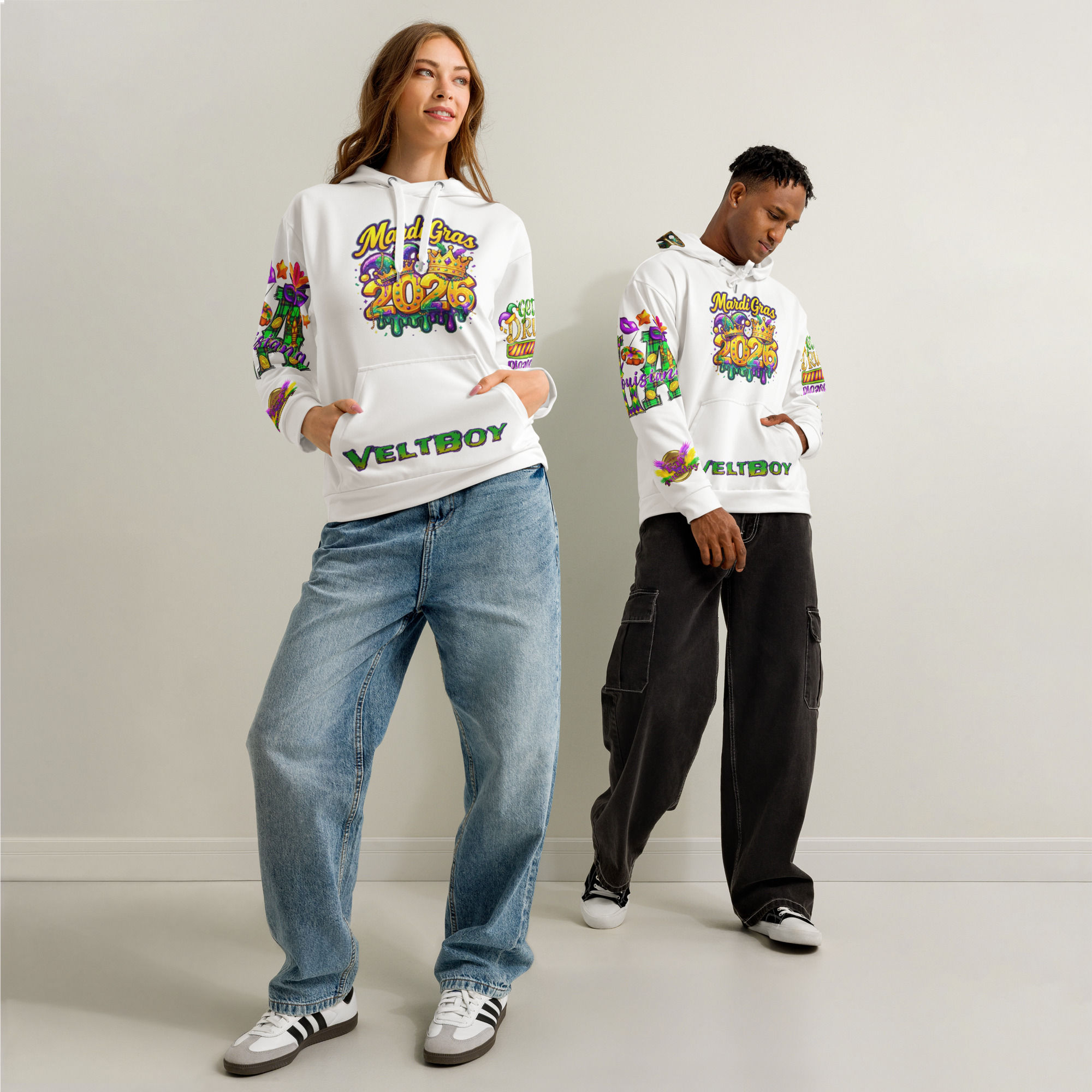 2026 white Mardi Gras hoodie