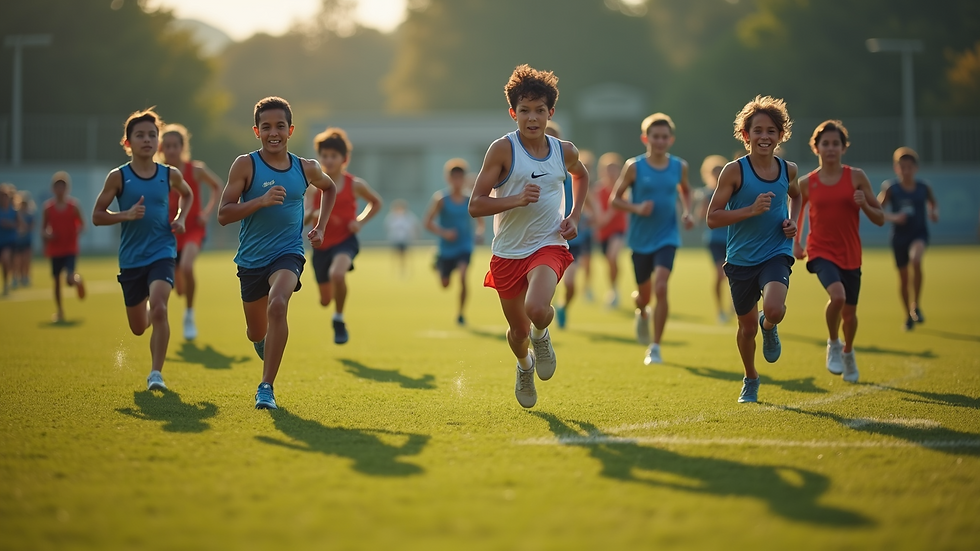 High angle view of a group of young runners warming up on a field