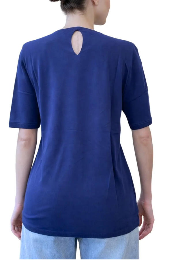 Küçük resim: Tül Detay Bisiklet Yaka Sırt Dekolteli Kısa Kollu Triko