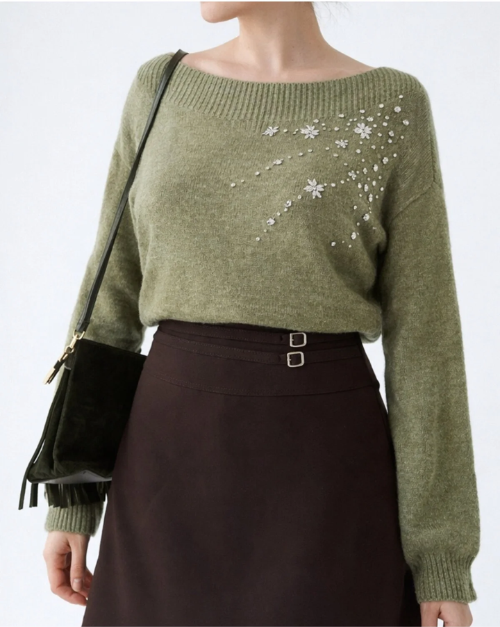 Küçük resim: Kadın Taş İşlemeli Düşük Omuz Kazak