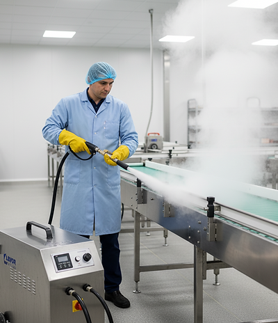 Operario usando equipo de limpieza con vapor puro Lavor en planta de alimentos para eliminar bacterias, biofilm y residuos, cumpliendo normas sanitarias