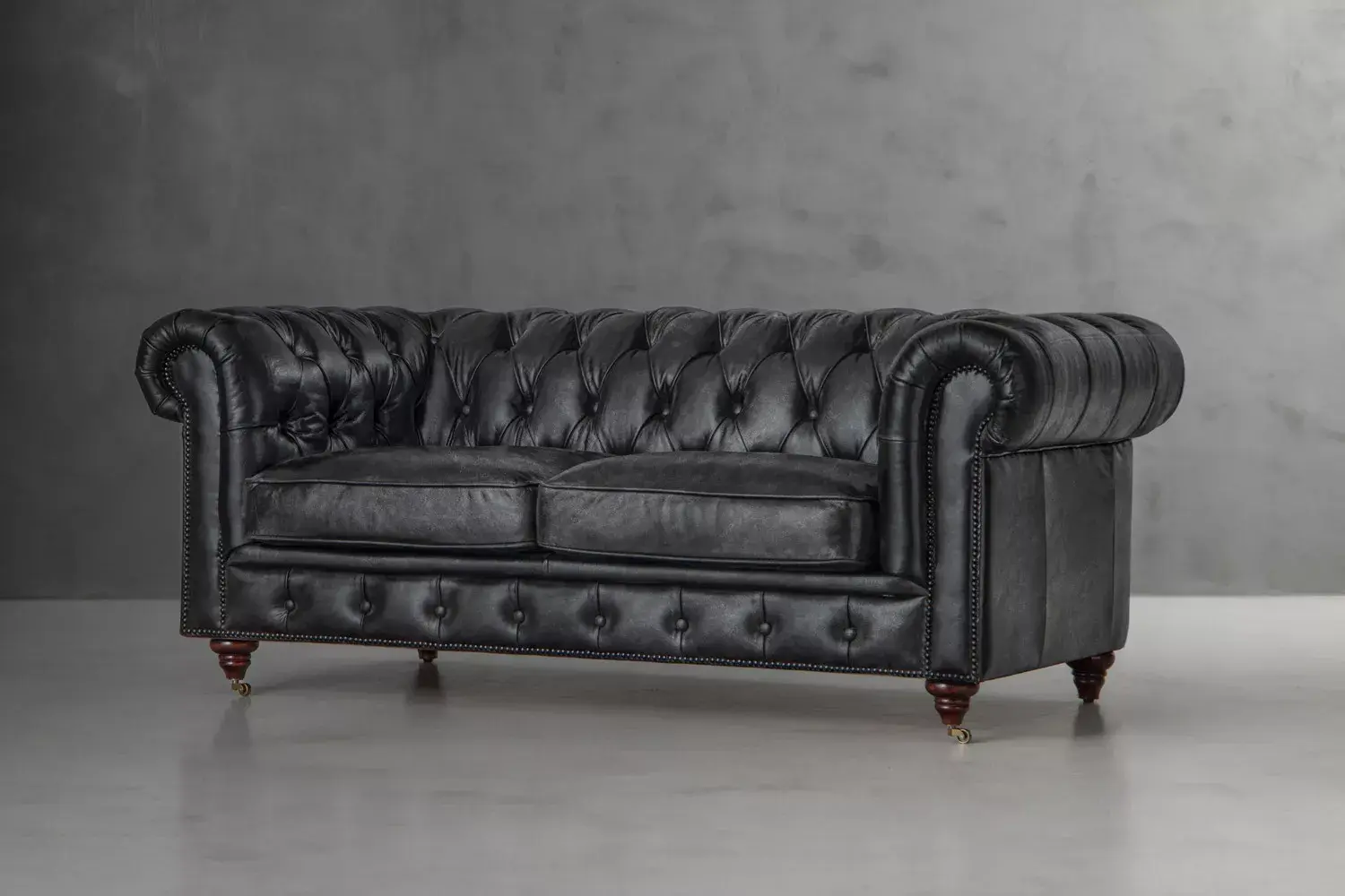 Jefferson Chesterfield 2-Seater Leather Couch - Distressed Black