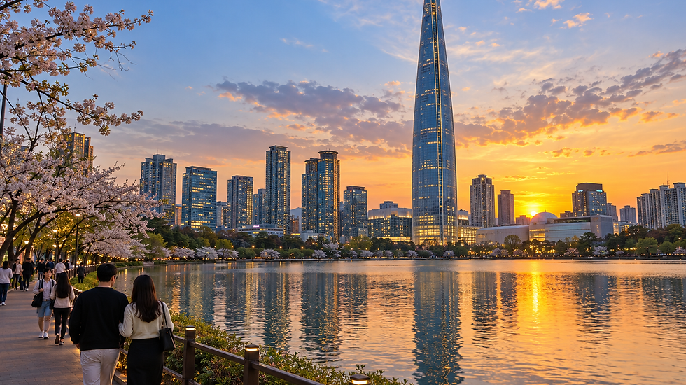 Lotte World Tower sunset view during a Gangnam Seoul tour