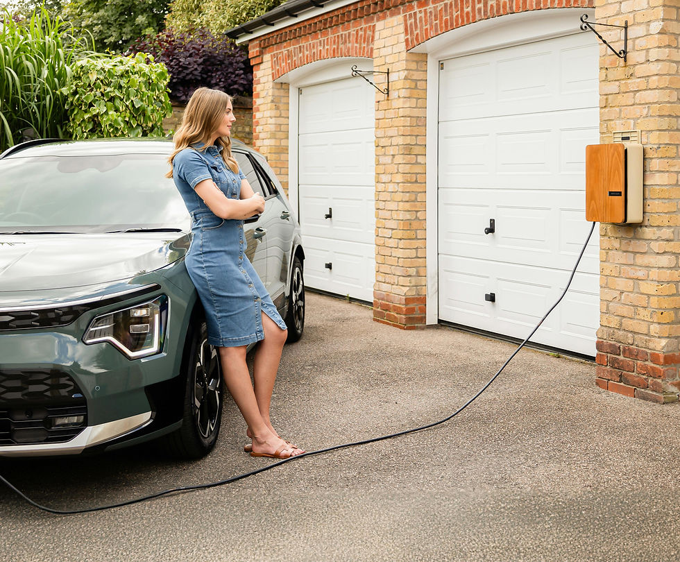 Vrouw laadt elektrische wagen op met laadpaal bij woning
