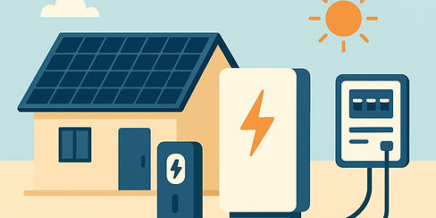 Illustratie van een huis met zonnepanelen, een thuisbatterij en een zekeringkast voor energieopslag en elektrische installatie