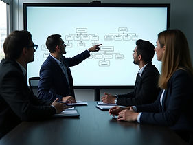 Vier mensen in vergadering bespreken een organigram op een whiteboard tijdens een zakelijke meeting
