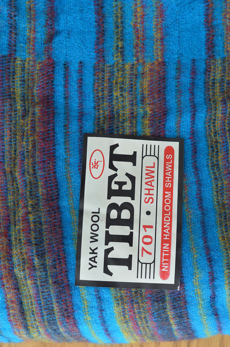 Thumbnail: Yak Wool Shawl - Sky Blue with Burgundy Stripe