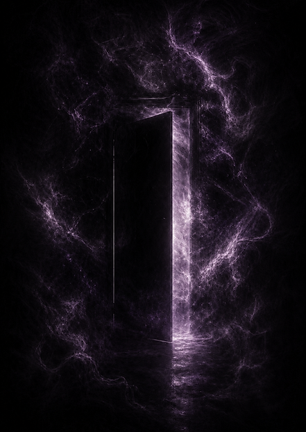 Porte mystique violette dans un univers introspectif de cartomancie et d’astrologie