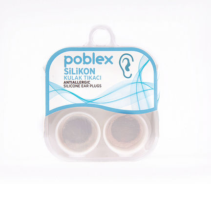 Poblex 2’li silikon kulak tıkacı ambalajının ön görünümü.
