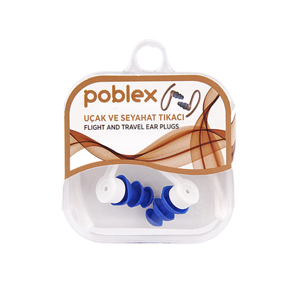 Poblex Uçak ve Seyahat Tıkacının ambalajlı ön görünümü.