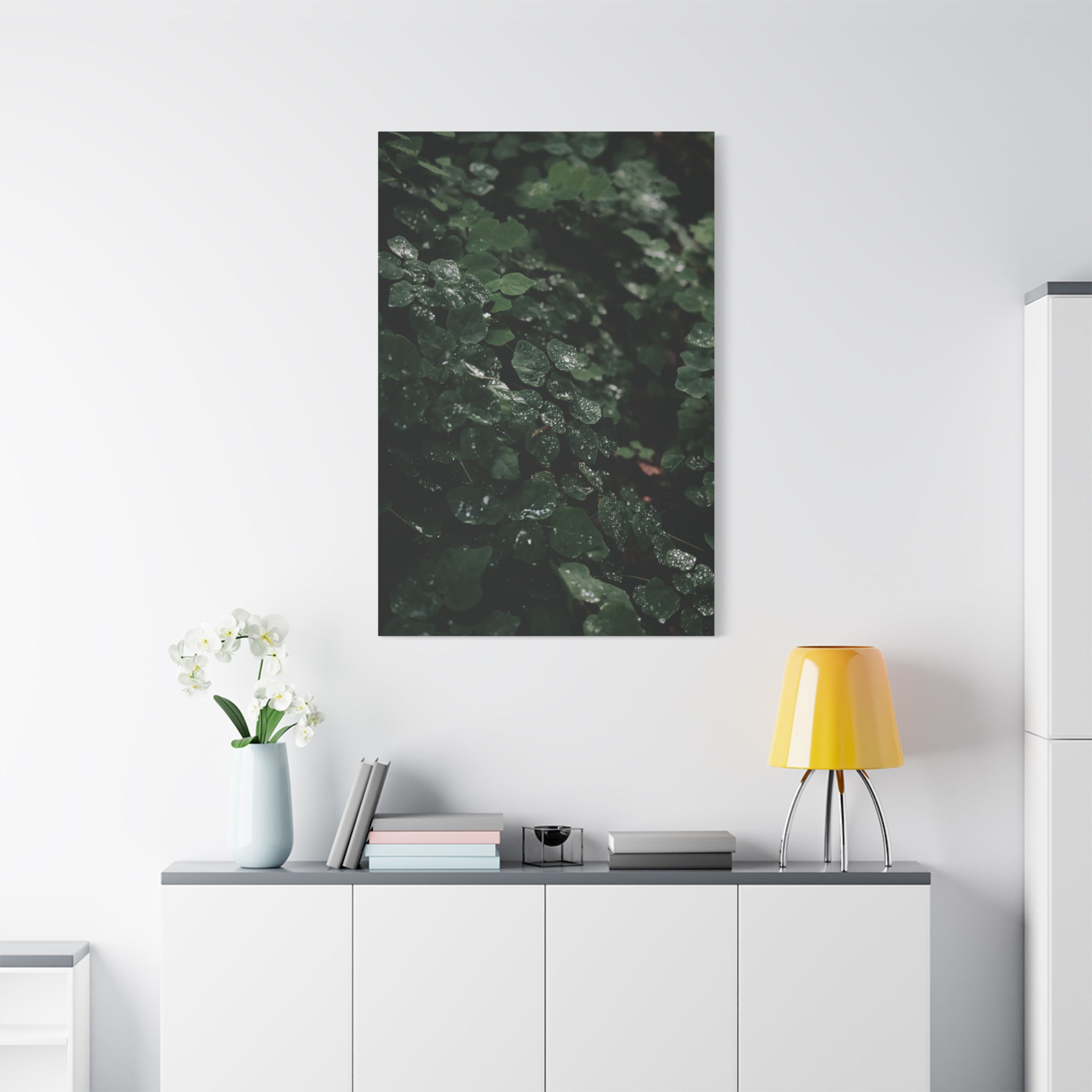 Vertical Canvas Print- Raindrops on Leaves