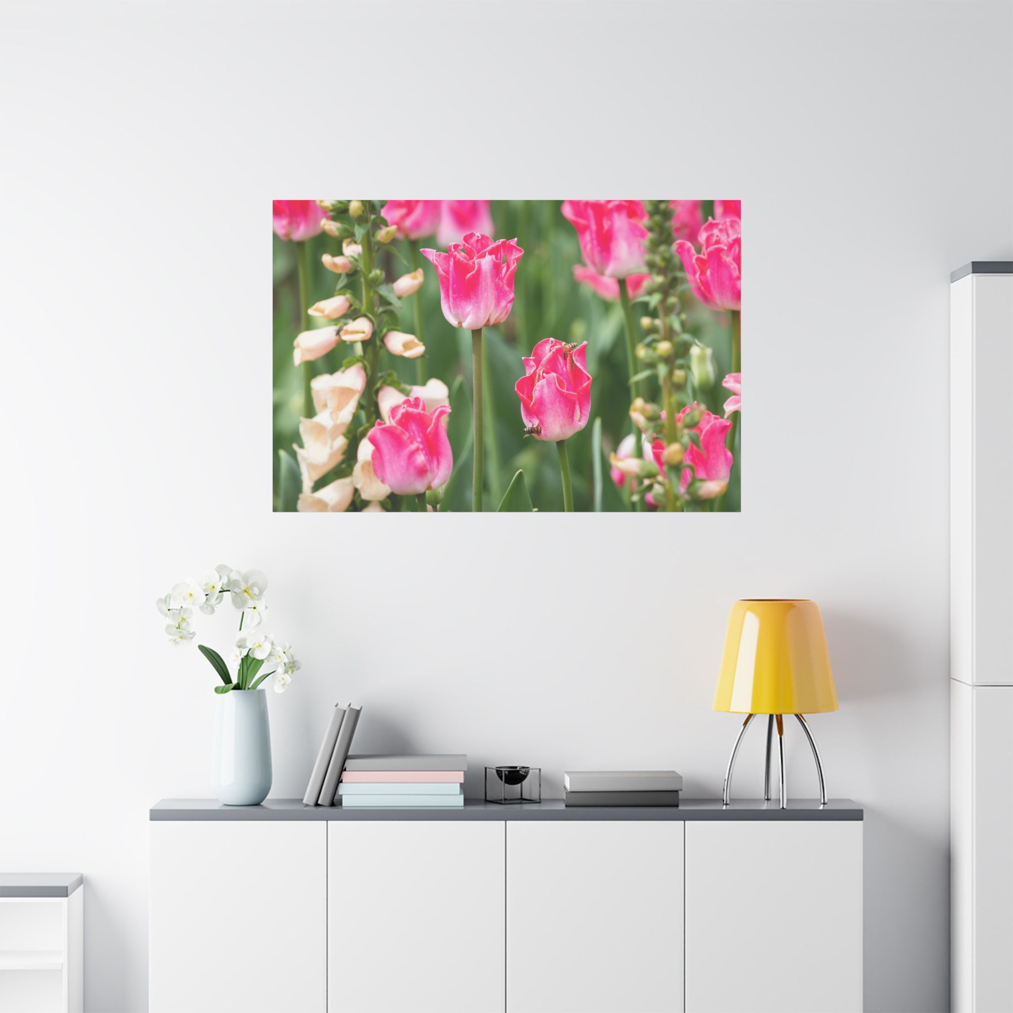 Horizontal Canvas Print- Pink Flowers and Bees
