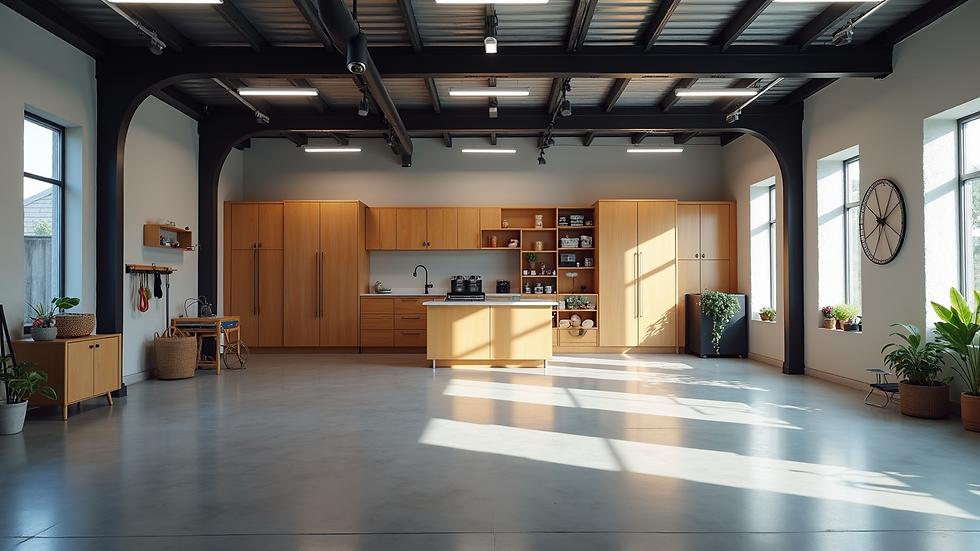 Wide angle view of a spacious custom garage with storage solutions