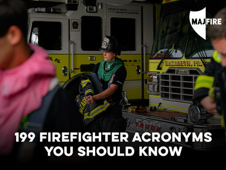 Firefighters next to fire trucks with the wording 199 firefighter acronyms you should know