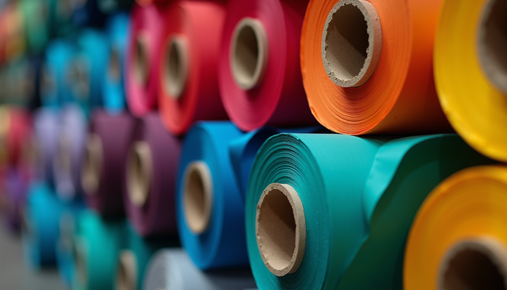 Close-up view of colorful fabric rolls stacked in a warehouse
