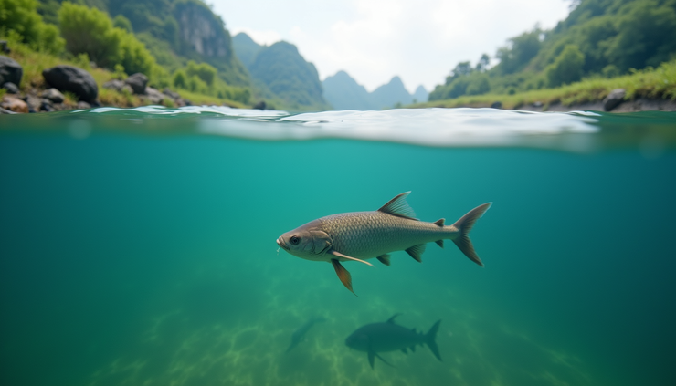 Eye-level view of a large swai fish farm pond in Vietnam