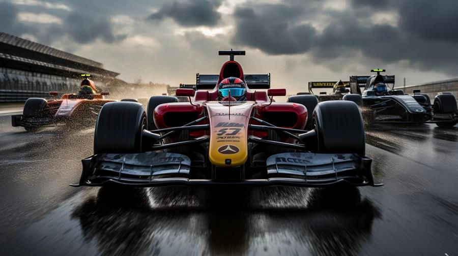 Head-on image of three racecars on a track