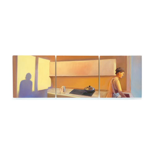 Ngai Ning Yu triptych paintings of an interior kitchen space, a female figure is on the right and her shadow projects onto the wall behind her