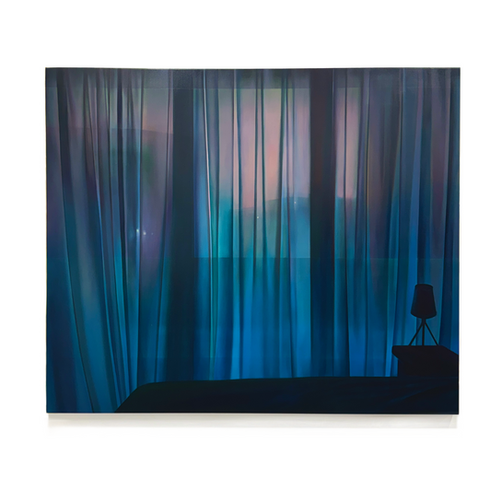 ngai Ning yu oil painting of a window where the cityscape can be seen through a blue translucent curtain