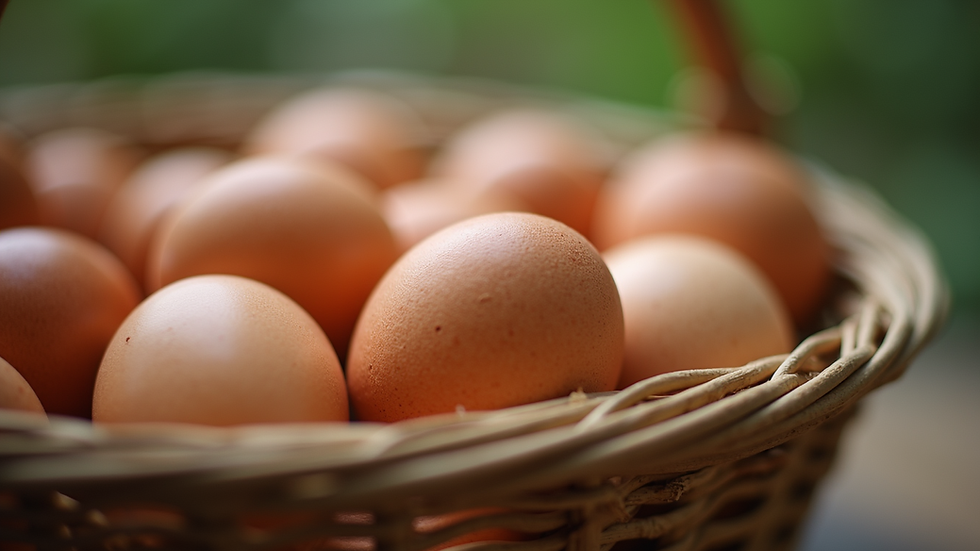 Close-up view of a basket filled with fresh farm eggs
