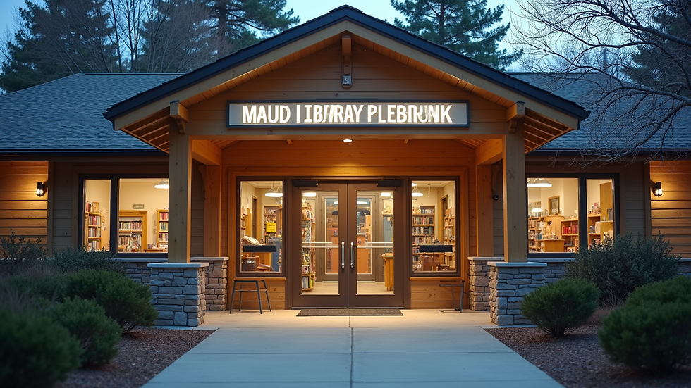 Eye-level view of the Maud Public Library entrance with welcoming signage