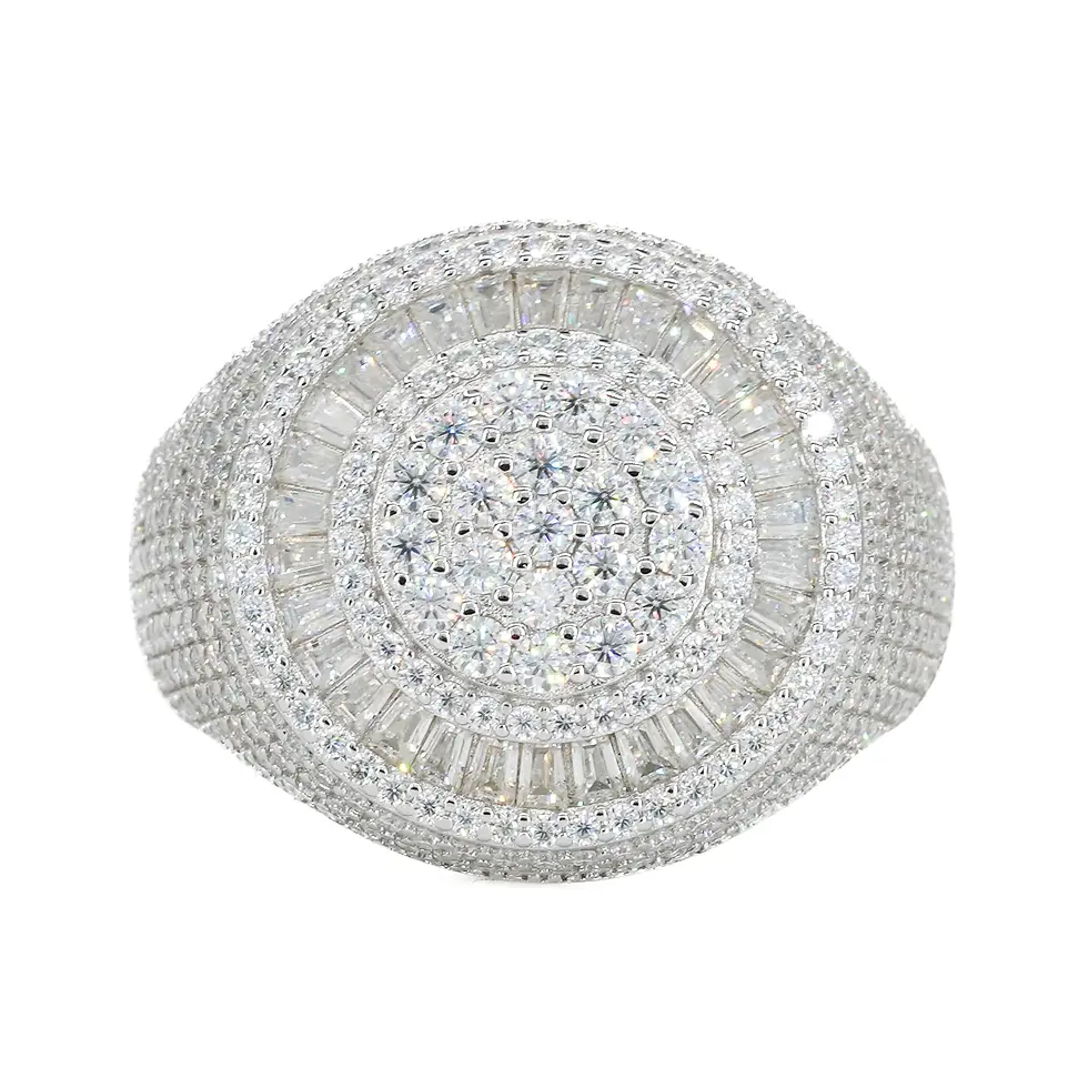Thumbnail: FULLY ICED BAGUETTE ROUND FACE VVS MOISSANITE DIAMOND RING