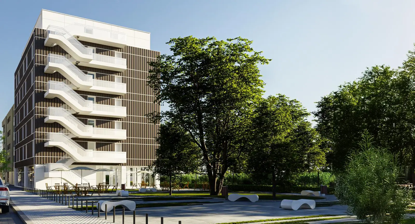 Simulation 3D d’un espace résidentiel avec grande zone verte et mobilier urbain, exemple de projet valorisé avant livraison