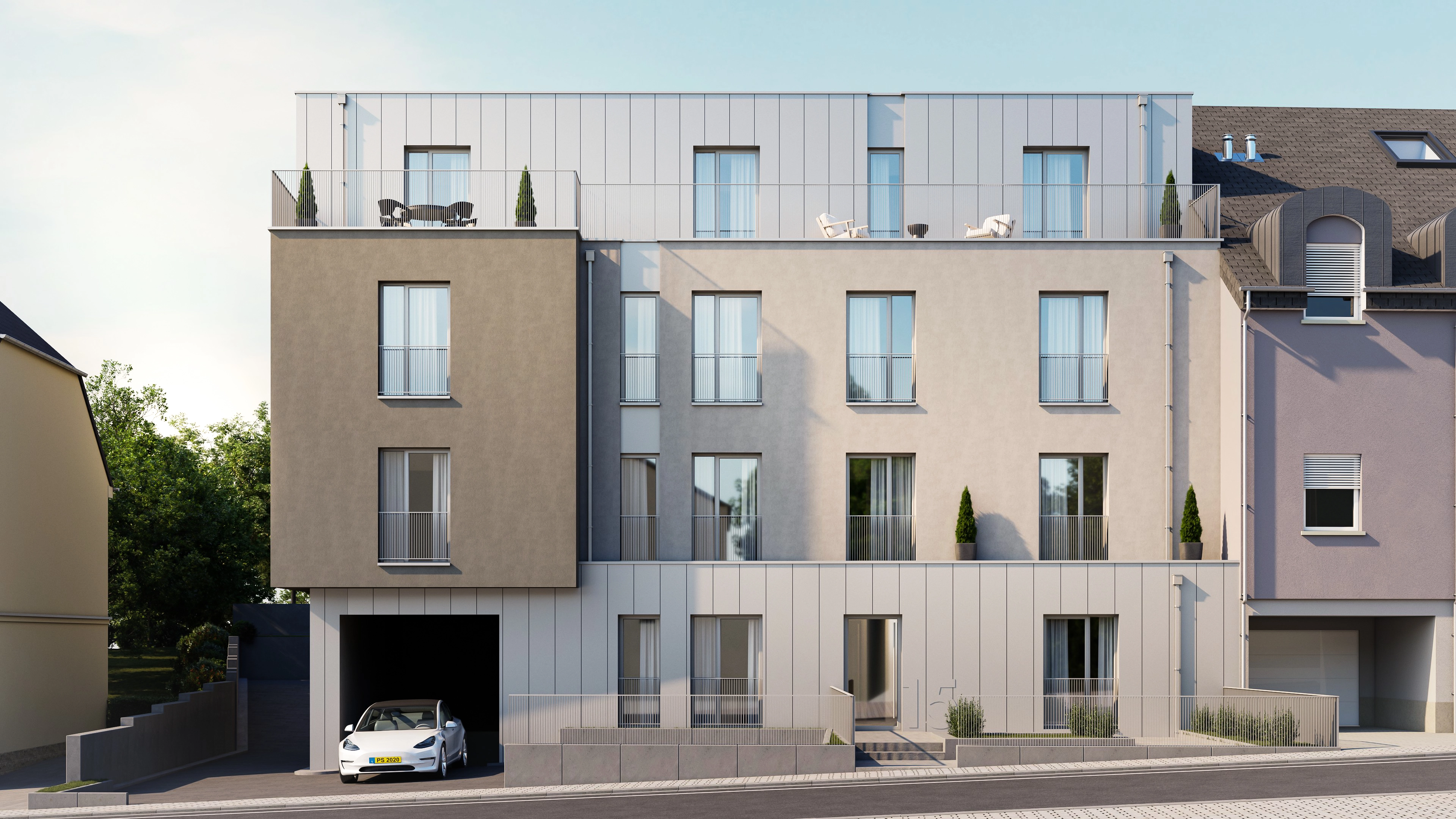 Rendu architectural 3D montrant un immeuble moderne avec végétation et ciel bleu, simulation pour communication immobilière