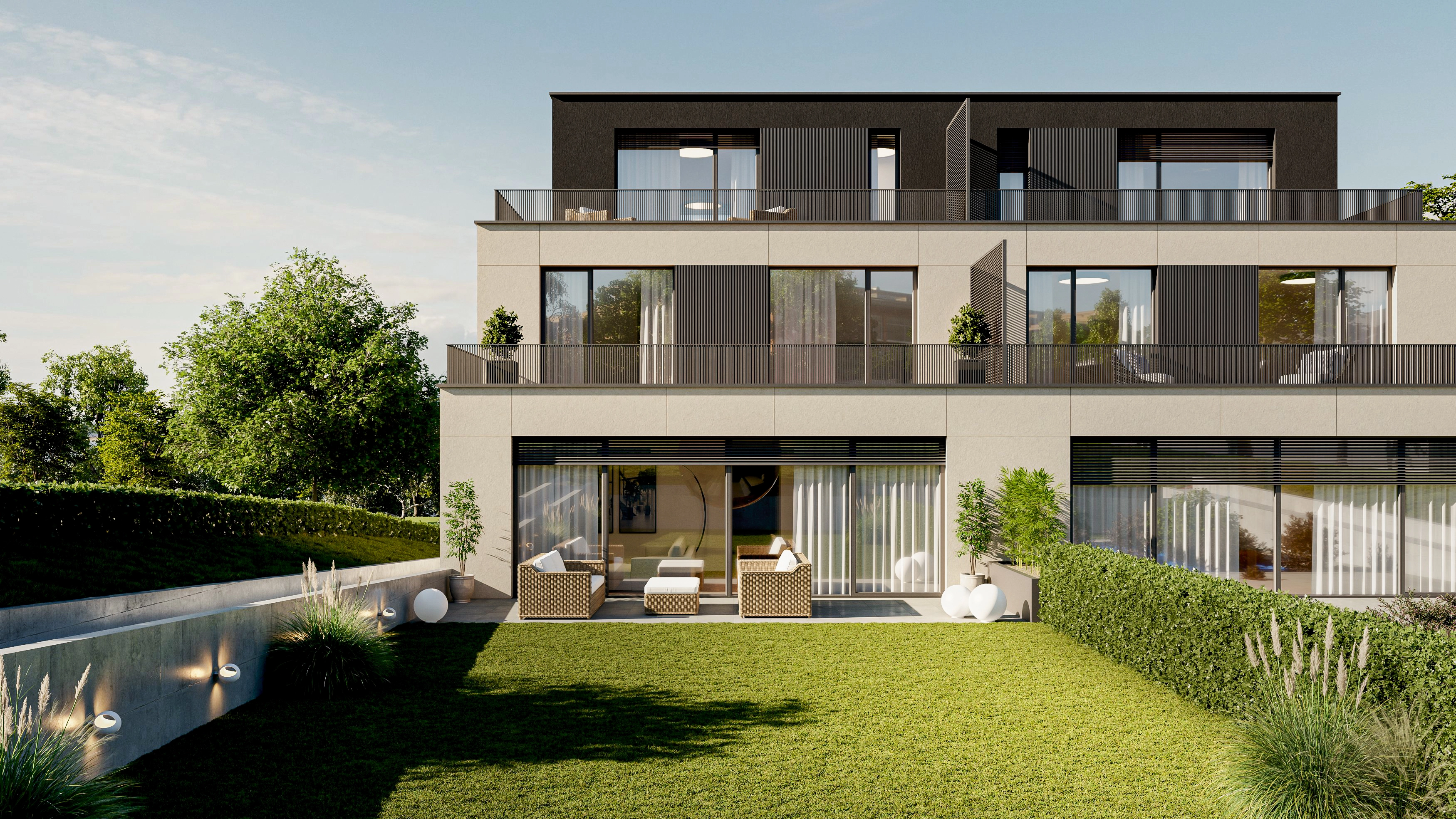 Vue arrière d’un bâtiment résidentiel en 3D, avec balcons spacieux et finitions modernes pour support de commercialisation