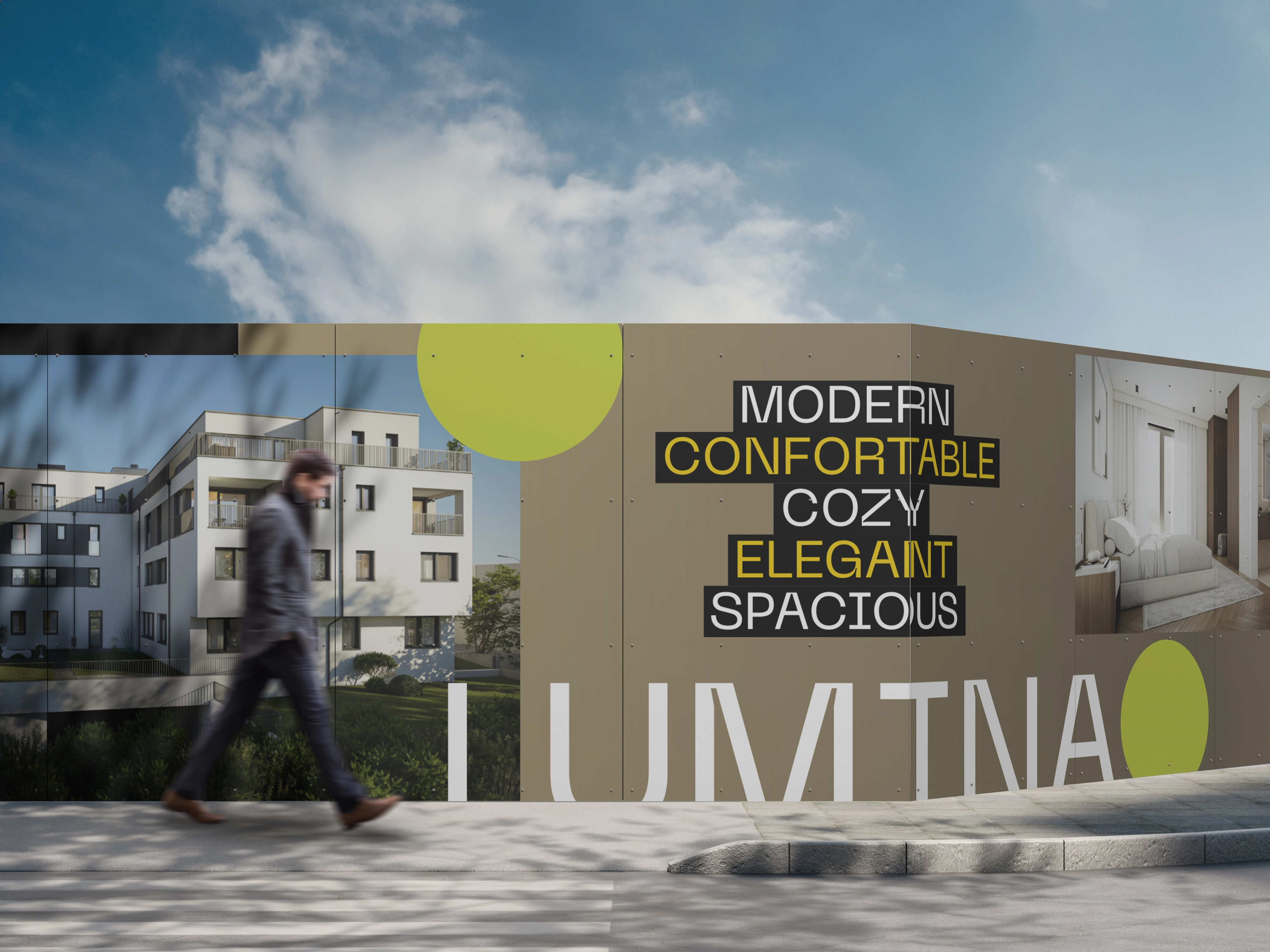 Visuel 3D promotionnel affiché en extérieur, valorisant un programme immobilier avec une approche marketing immersive