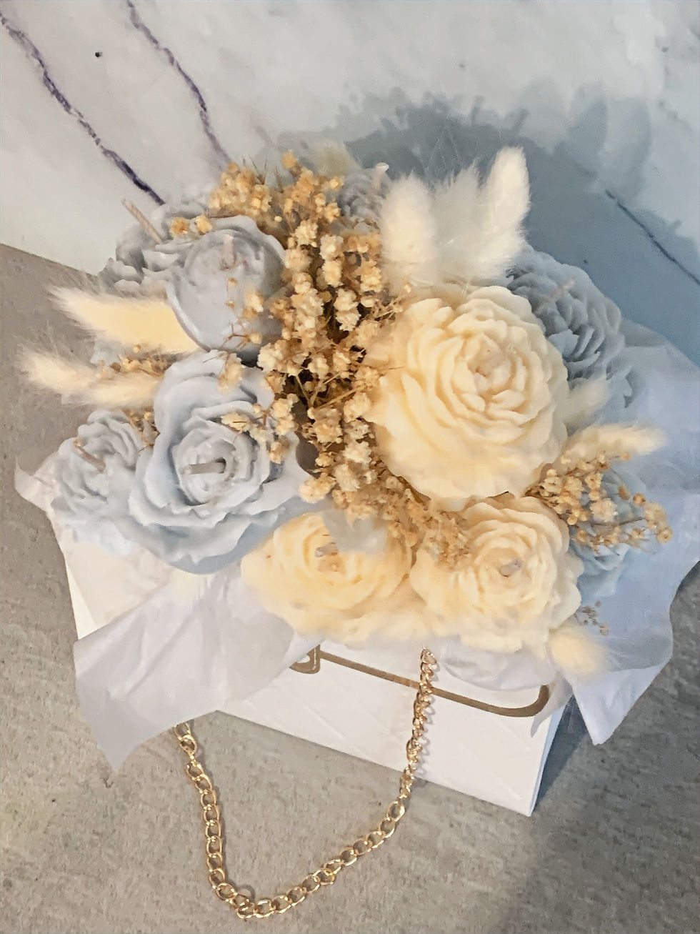 Thumbnail: LIGHT BLUE & WHITE ROSE CANDLE BOUQUET