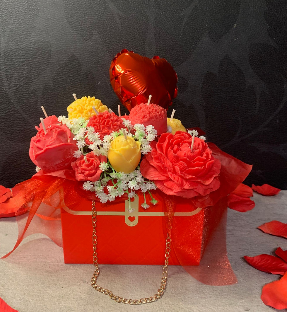 Thumbnail: RED & YELLOW ROSE/HEART CANDLE BOUQUET IN RED BAG