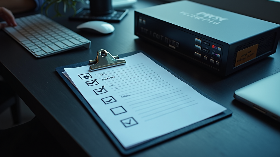 High angle view of a security checklist surrounded by tech equipment