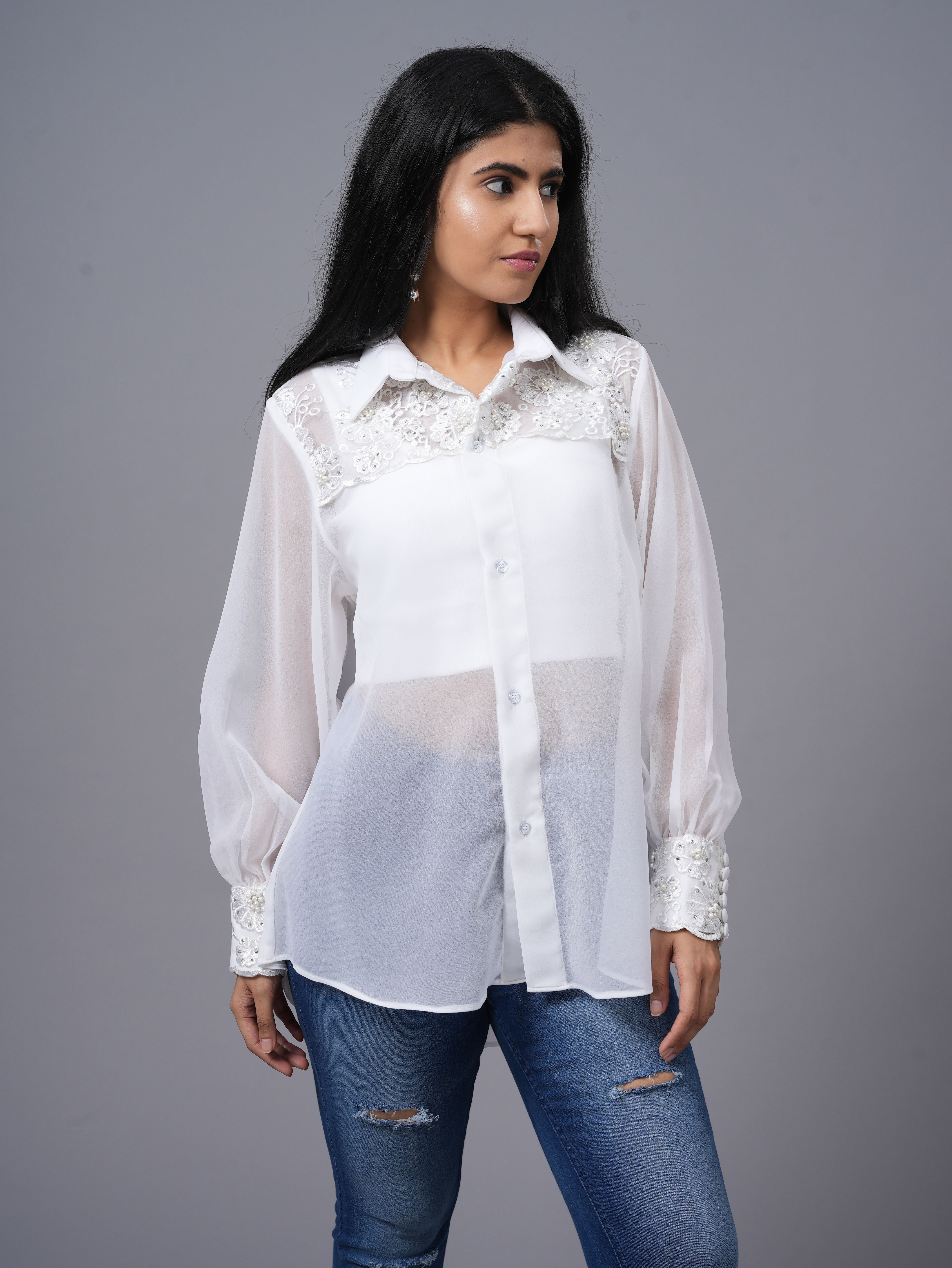 Georgette White Shirt with lace embellished