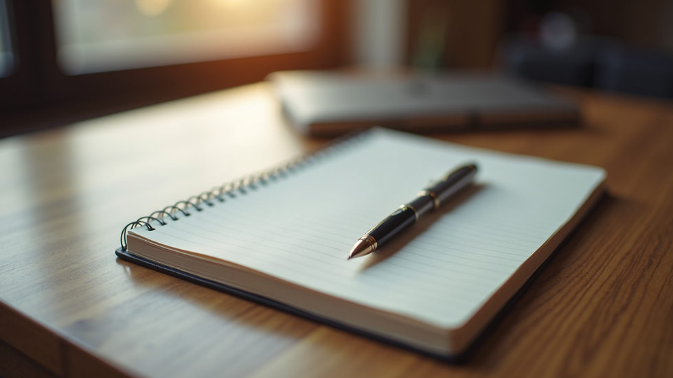 Close-up view of a journal and pen on a wooden table