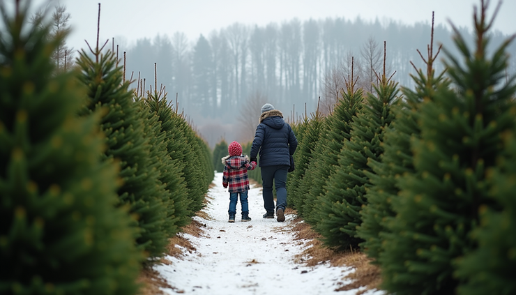 High angle view of a Christmas tree farm with rows of evergreen trees ready for cutting