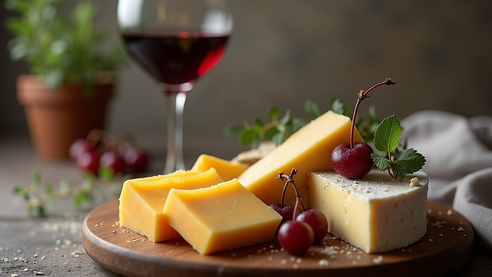 Eye-level view of a wine glass filled with red wine next to a gourmet cheese platter