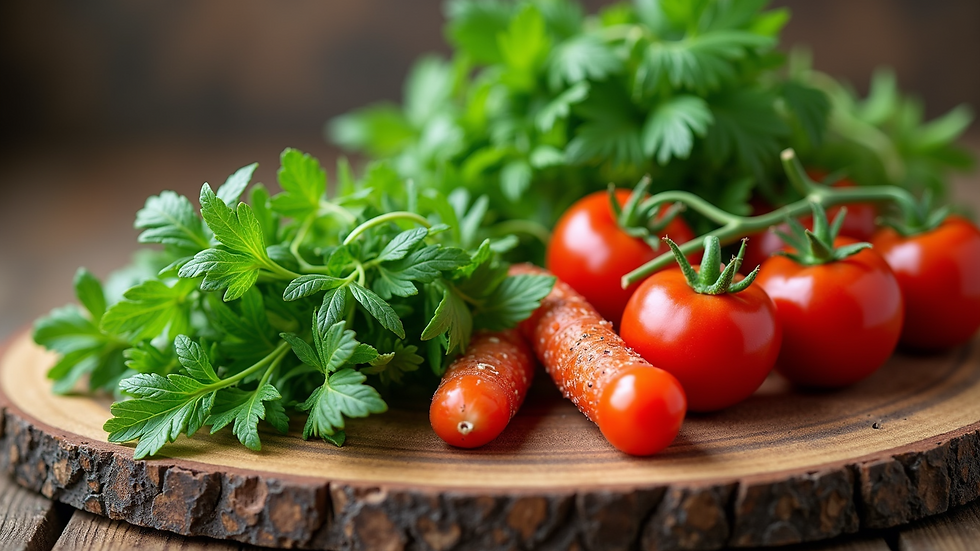 Close-up view of fresh herbs and vegetables on a wooden cutting board