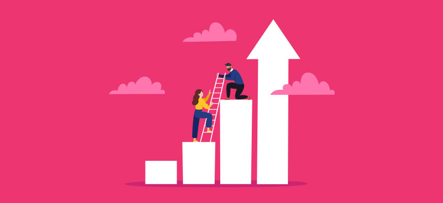 Two people climb bar graphs with an arrow using a ladder, symbolizing growth and moving up the career ladder.