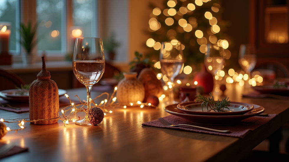 High angle view of a festive table setting with string lights